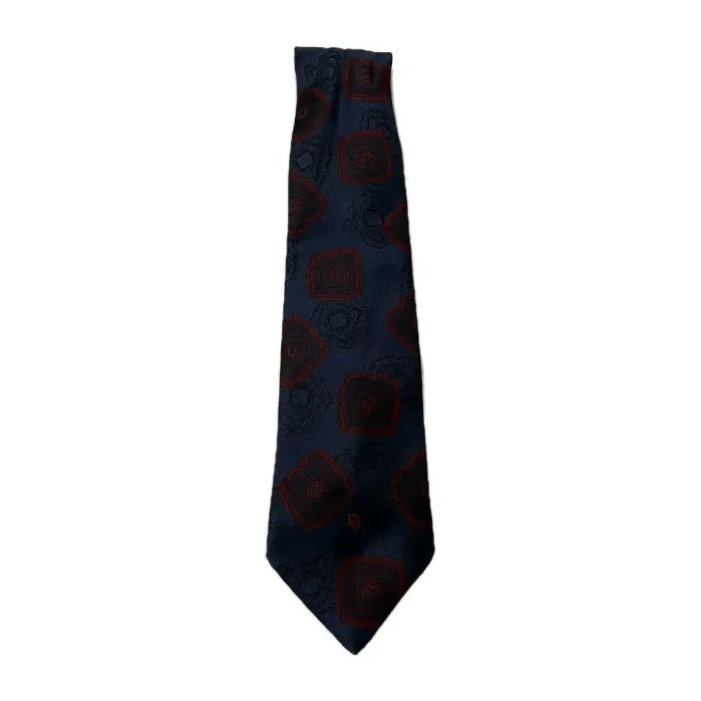 Christian Dior Monsieur Mens Silk Tie Red Blue Geometric Pattern Vintage Necktie